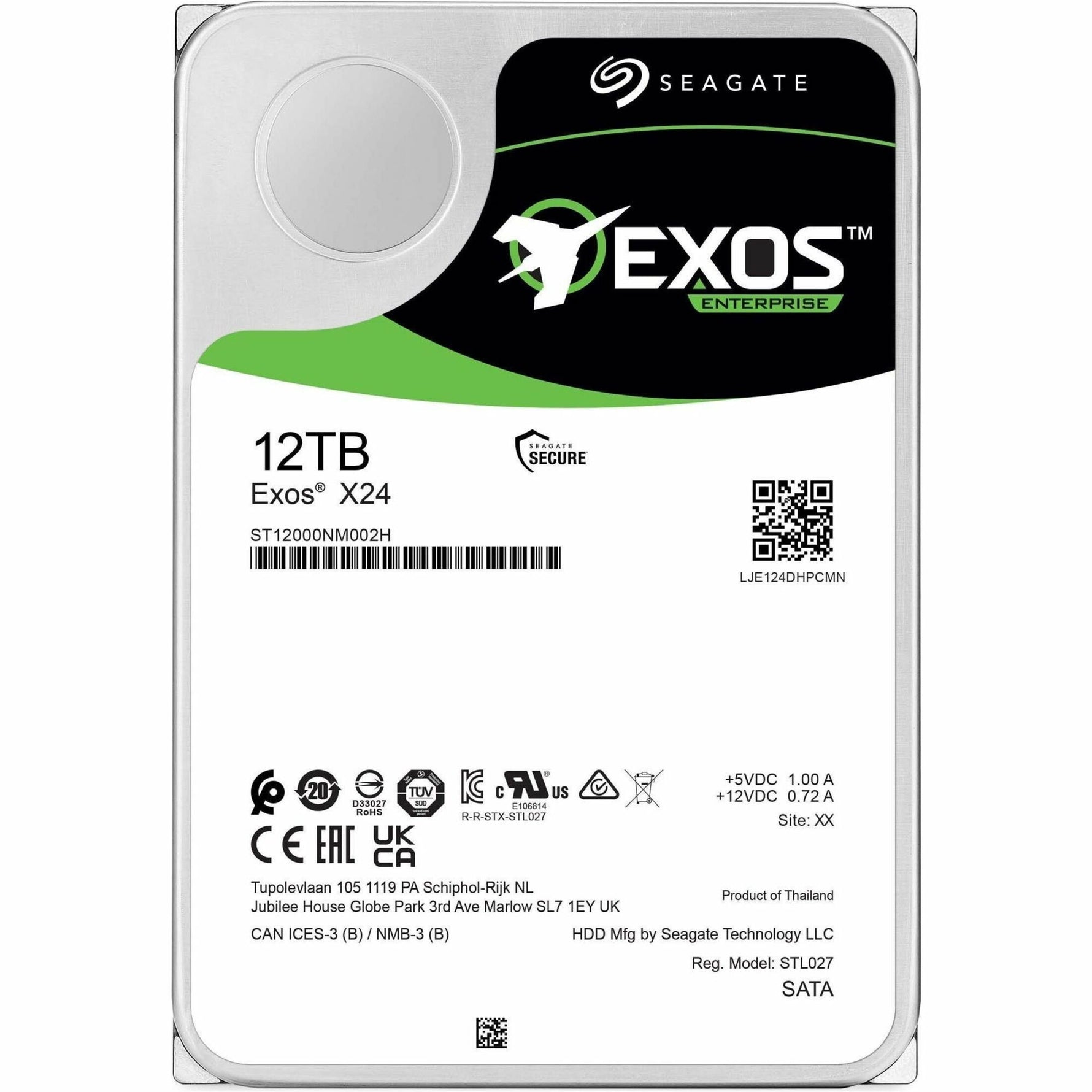 Seagate Exos X24 ST12000NM002H 12 TB Hard Drive - 3.5' Internal - SATA (SATA/600) - Conventional Magnetic Recording (CMR) Method