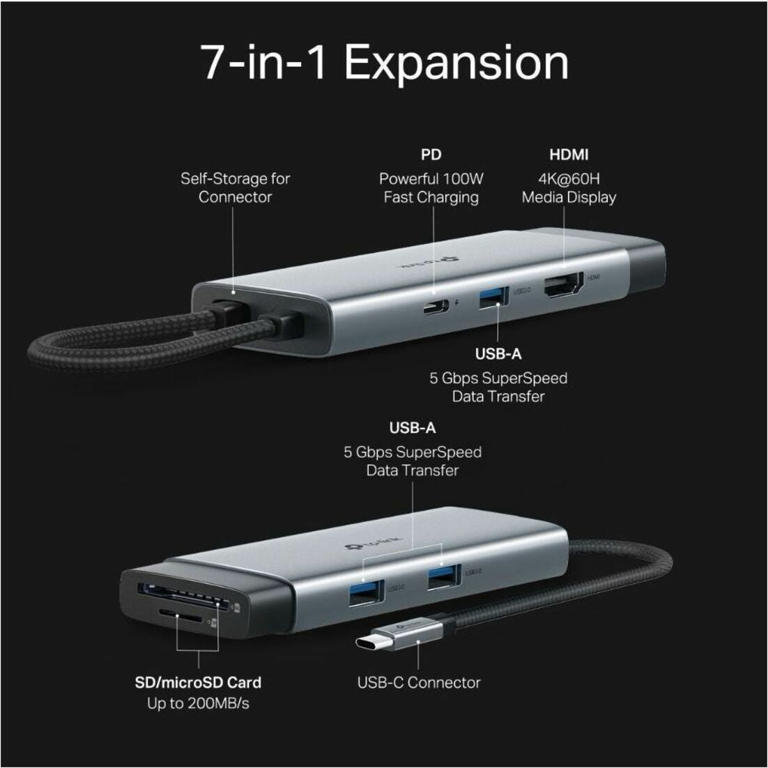 TP-Link UH7021C USB Type C Docking Station for Monitor, Desktop PC, Notebook, Tablet PC, Smartphone - Charging Capability - Memory Card Reader - SD - Portable