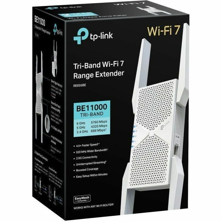 TP-Link RE655BE Tri Band Wi-Fi 7 IEEE 802.11 a/b/g/n/ac/ax/be 9.30 Gbit/s Wireless Range Extender