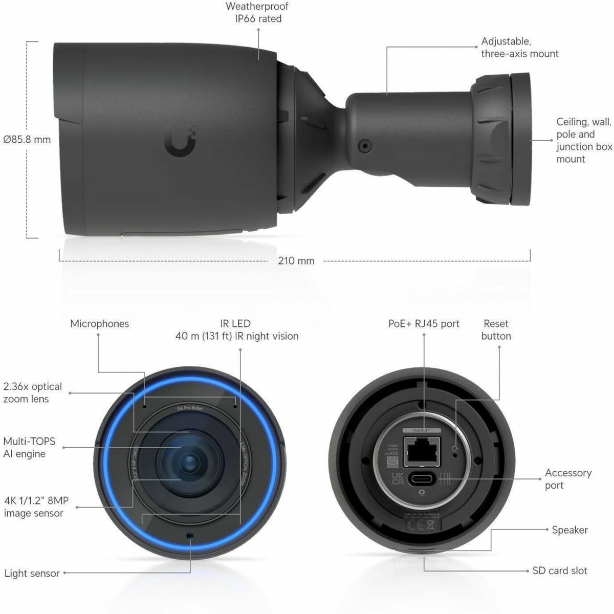Ubiquiti UniFi G6 Pro 8 Megapixel 4K Network Camera - Colour - Bullet - Black