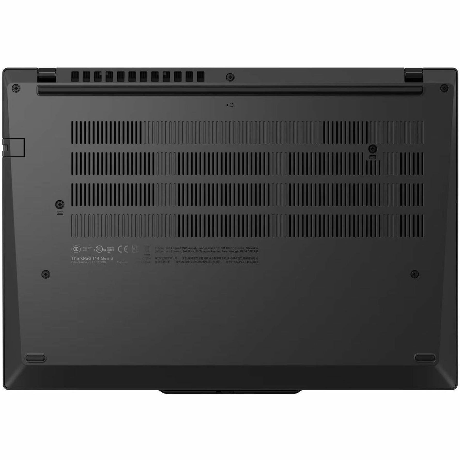 Lenovo ThinkPad T14 Gen 6 21QG004LAU 14' Copilot+ PC Notebook - WUXGA - 60 Hz - Intel Core Ultra 7 258V - 32 GB - 512 GB SSD - English Keyboard - Black - Bottom view