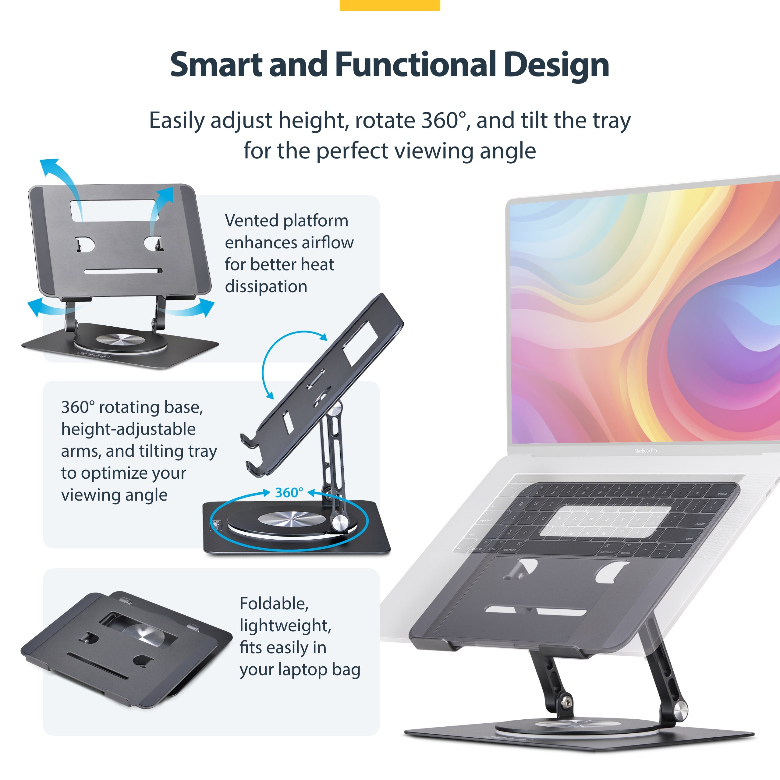 StarTech.com Rotating Laptop Stand, 360 Swivel, Ergonomic Desk Riser for Computer, Elevated Tray w/ Adjustable Tilt, Max 11lb/5kg, Aluminum Build, Portable Design