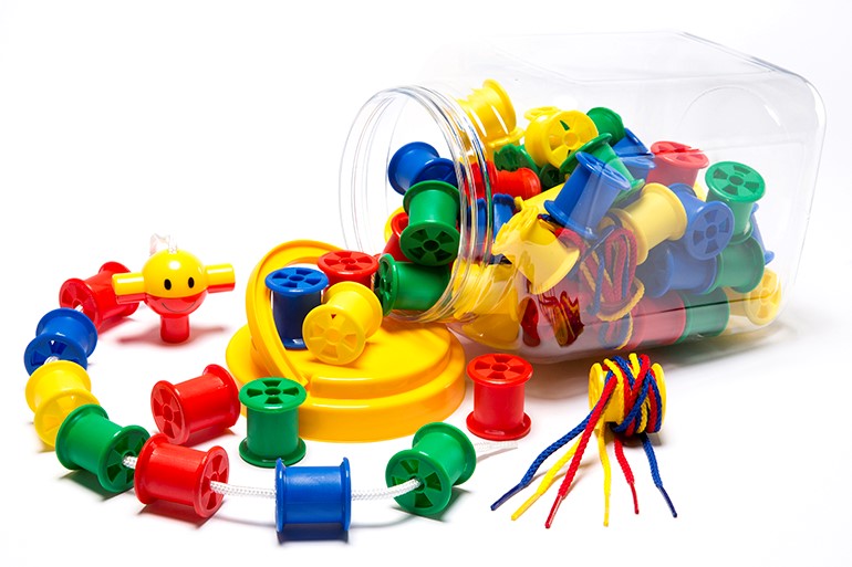 Counters Cotton Reel 30mm Jar (80) [rd Bl Gr Yw] & 8 Laces Learning Can (Each)