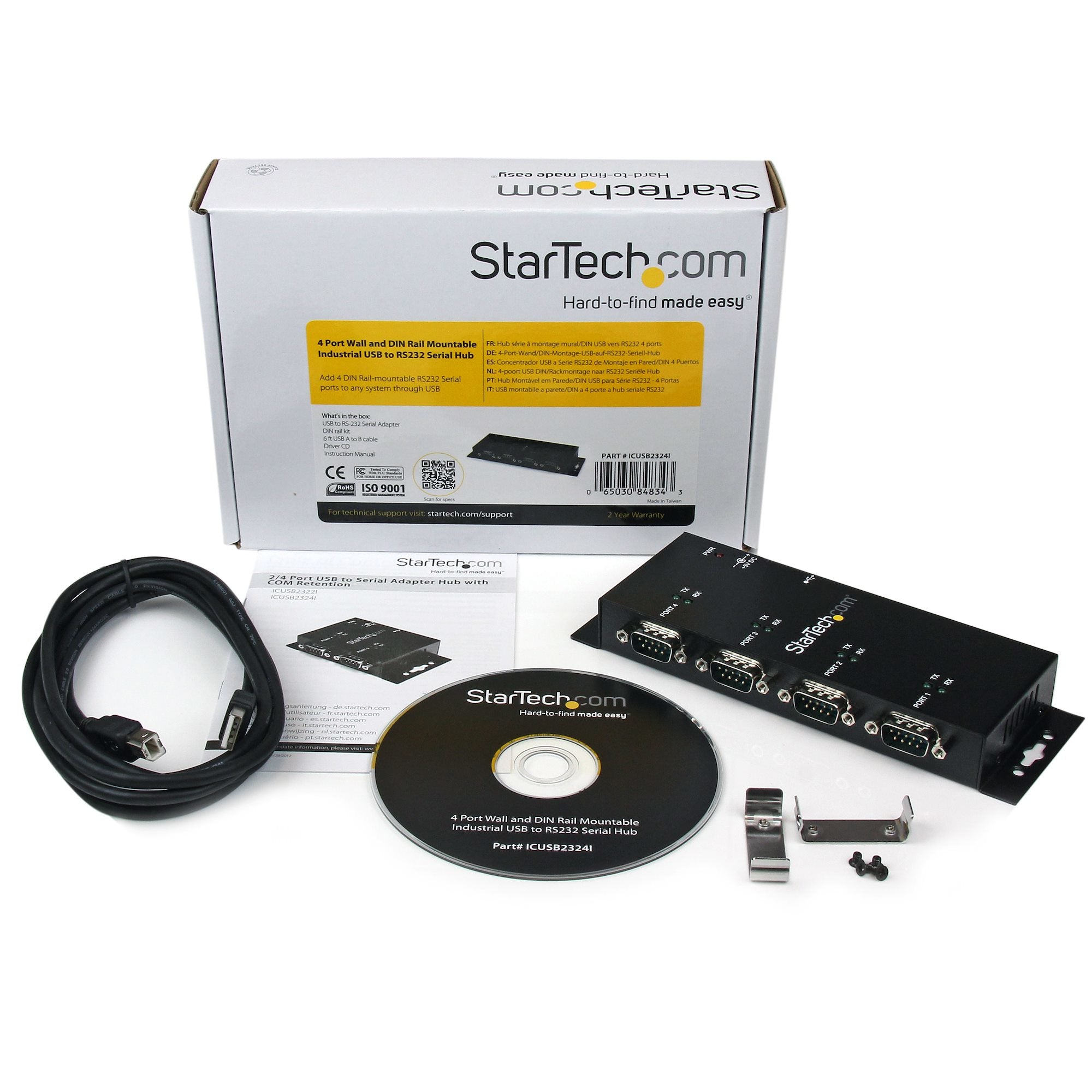 StarTech.com 4 Port USB to DB9 RS232 Serial Adapter Hub Ã¢â‚¬â€œ Industrial DIN Rail and Wall Mountable