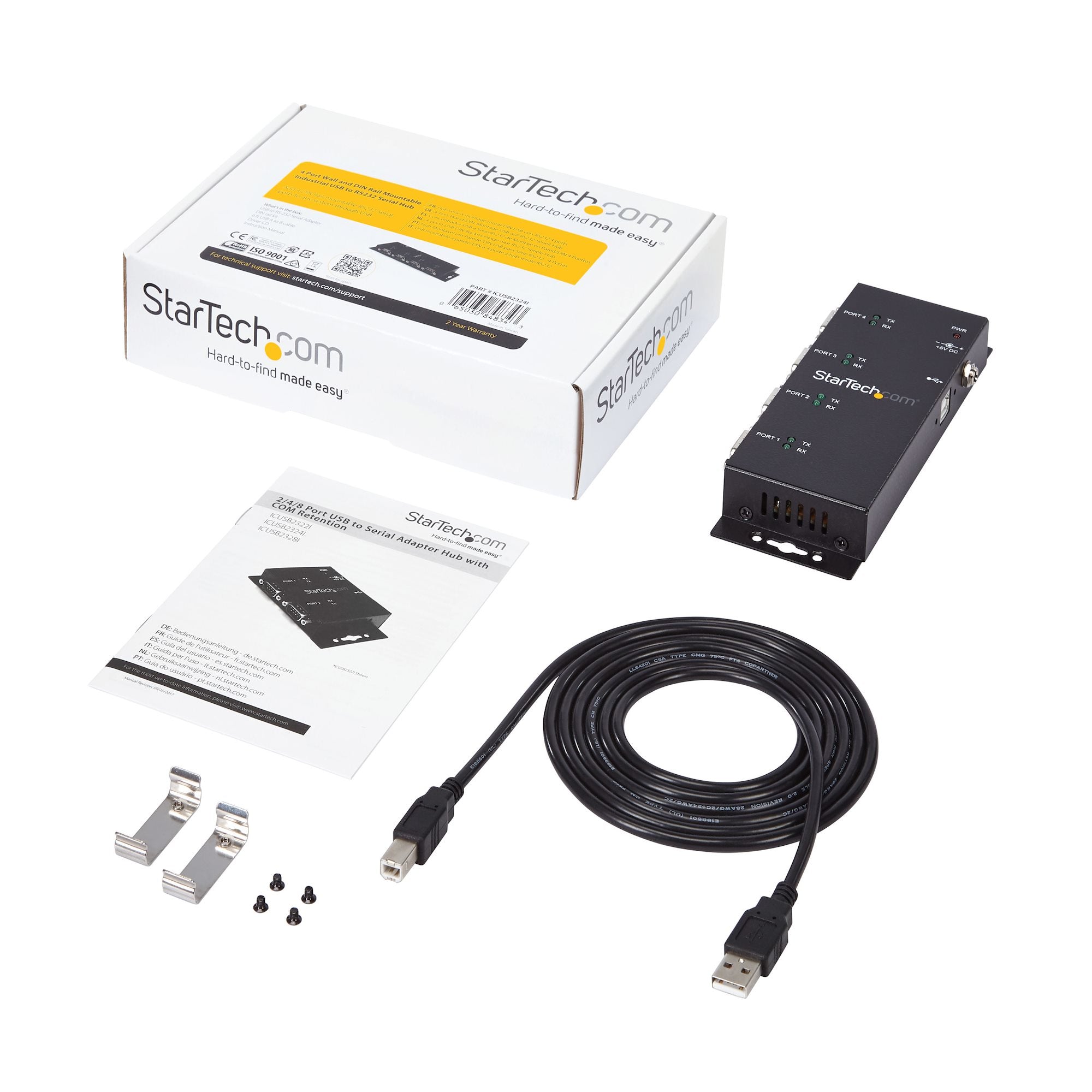 StarTech.com 4 Port USB to DB9 RS232 Serial Adapter Hub Ã¢â‚¬â€œ Industrial DIN Rail and Wall Mountable