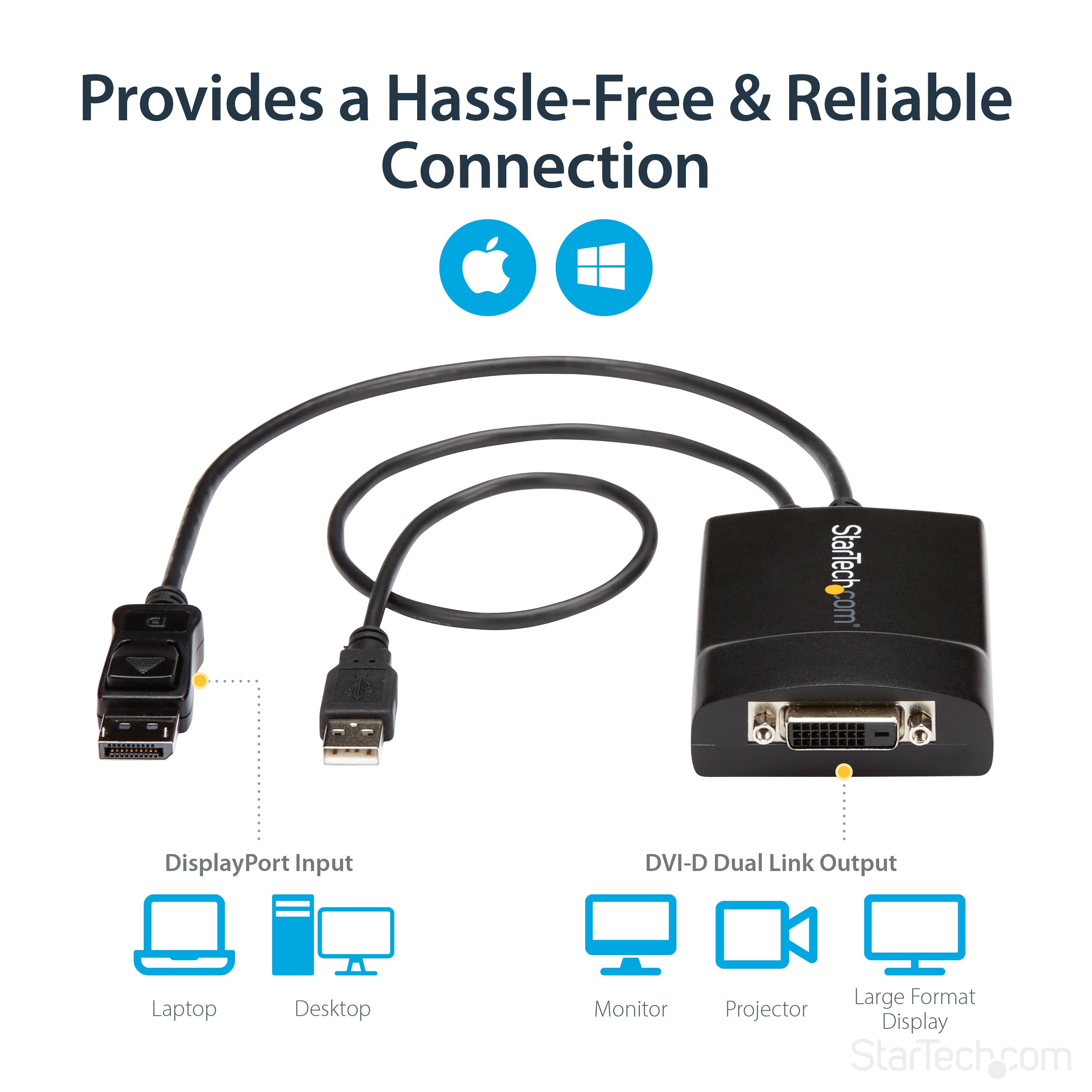 StarTech.com DisplayPort to DVI Dual Link Active Adapter - DisplayPort to DVI-D Adapter Video Converter 2560x1600 60Hz - DP 1.2 to DVI Monitor - USB Powered - Latching DP Connector