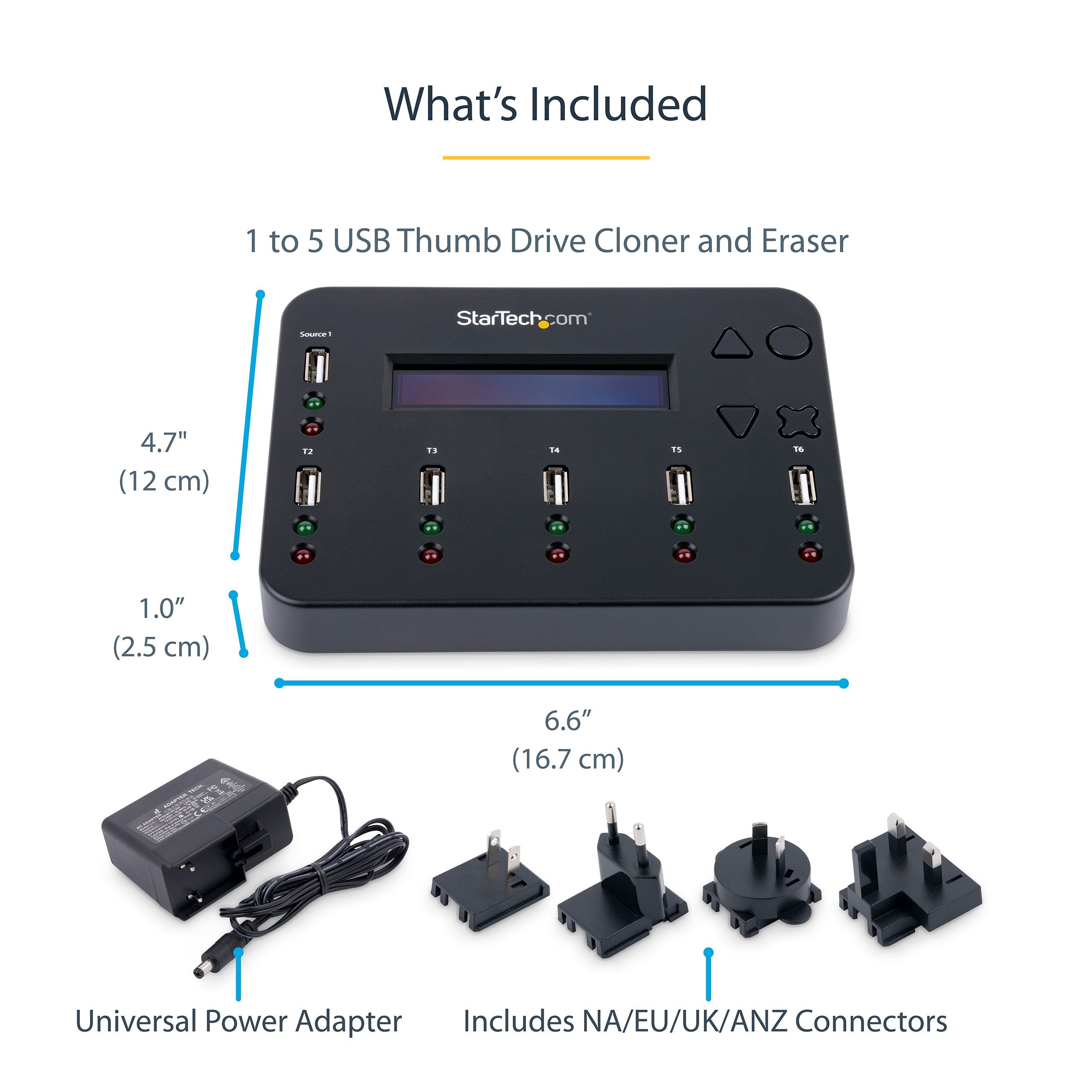 StarTech.com Standalone 1 to 5 USB Thumb Drive Duplicator and Eraser, Multiple USB Flash Drive Copier, System and File and Whole-Drive Copy at1.5 GB/min, Single and 3-Pass Erase, LCD Display - TAA