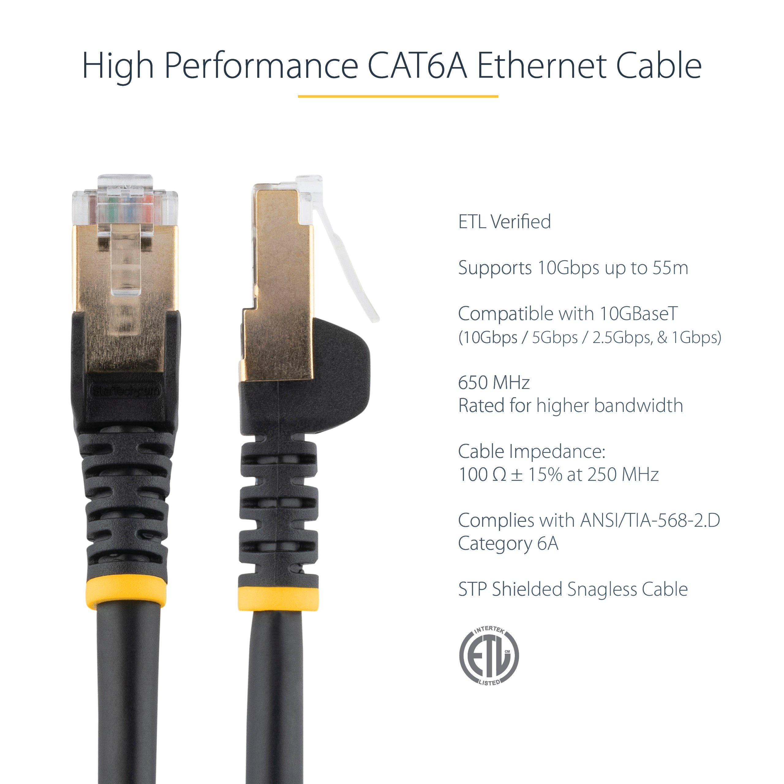 StarTech.com 3m CAT6a Ethernet Cable - 10 Gigabit Shielded Snagless RJ45 100W PoE Patch Cord - 10GbE STP Network Cable w/Strain Relief - Black Fluke Tested/Wiring is UL Certified/TIA