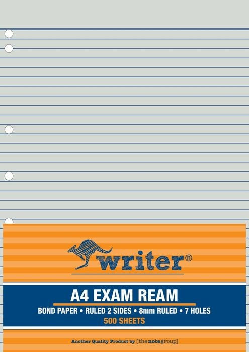 Writer Exam Paper A4 55GSM Paper 8mm Ruled 7 Hole Punch (REAM)