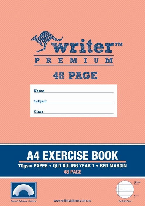 Writer Exercise Book Premium A4 48pg Qld YR1 Ruled + Margin Rainbow (Each)