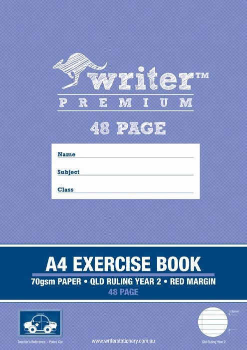 Writer Exercise Book Premium A4 Qld YR2 Ruled + Margin Police Car 48-page (Pack 20)