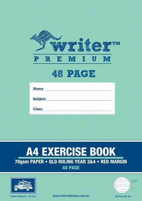 Writer Exercise Book Premium A4 Qld YR3/4 Ruled + Margin Fire Truck 48-page (Pack 20)