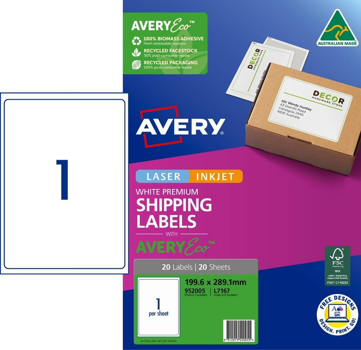 Avery Label Eco L7167 Shipping 1UP 199.6x289.1mm PK20 (Each)