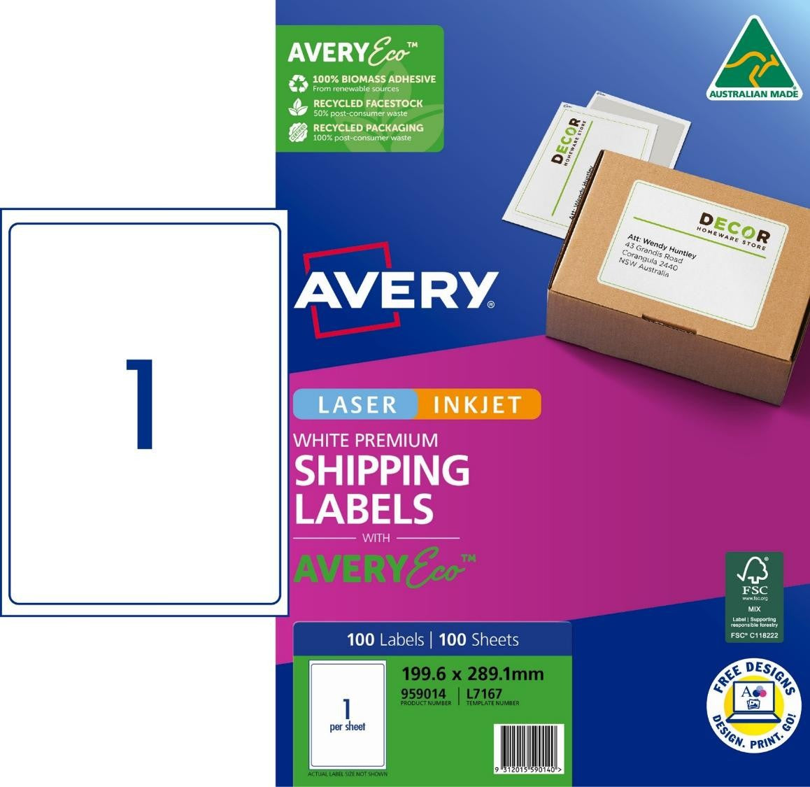 Avery Label Eco L7167 Shipping 1UP 199.6x289.1mm PK100 (Each)