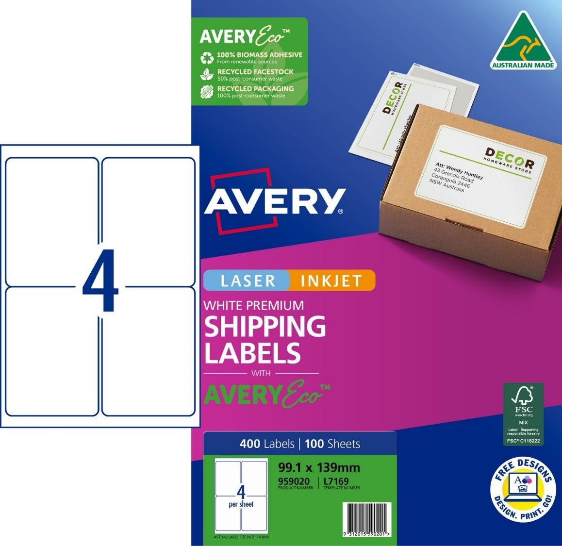 Avery Label Eco L7169 Shipping 4UP 99.1x139mm PK100 (Each)