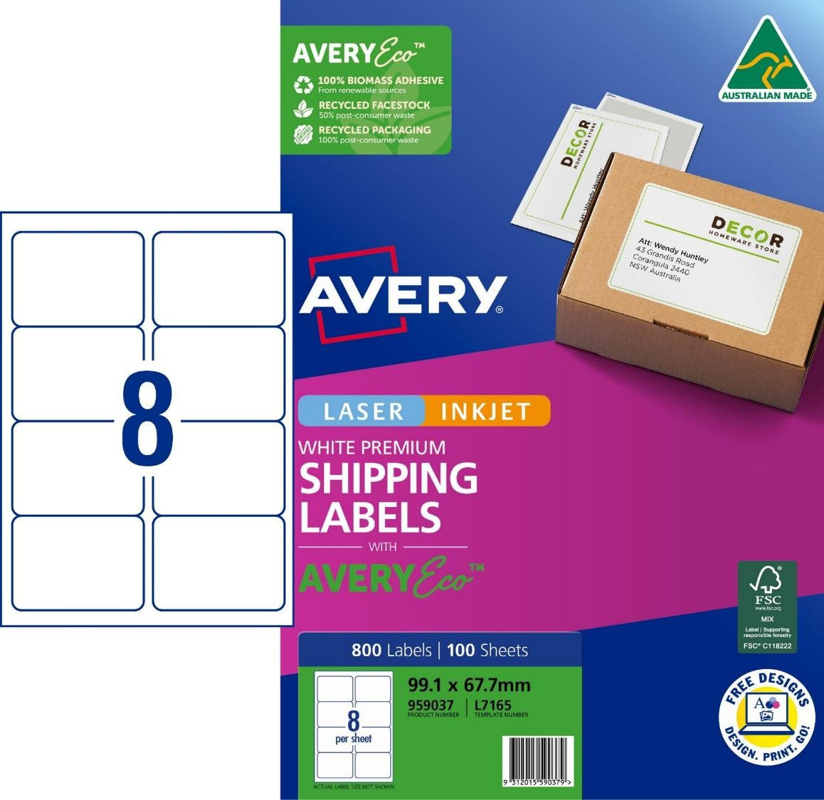 Avery Label Eco L7165 Shipping 8UP 99.1x67.7mm PK100 (Each)