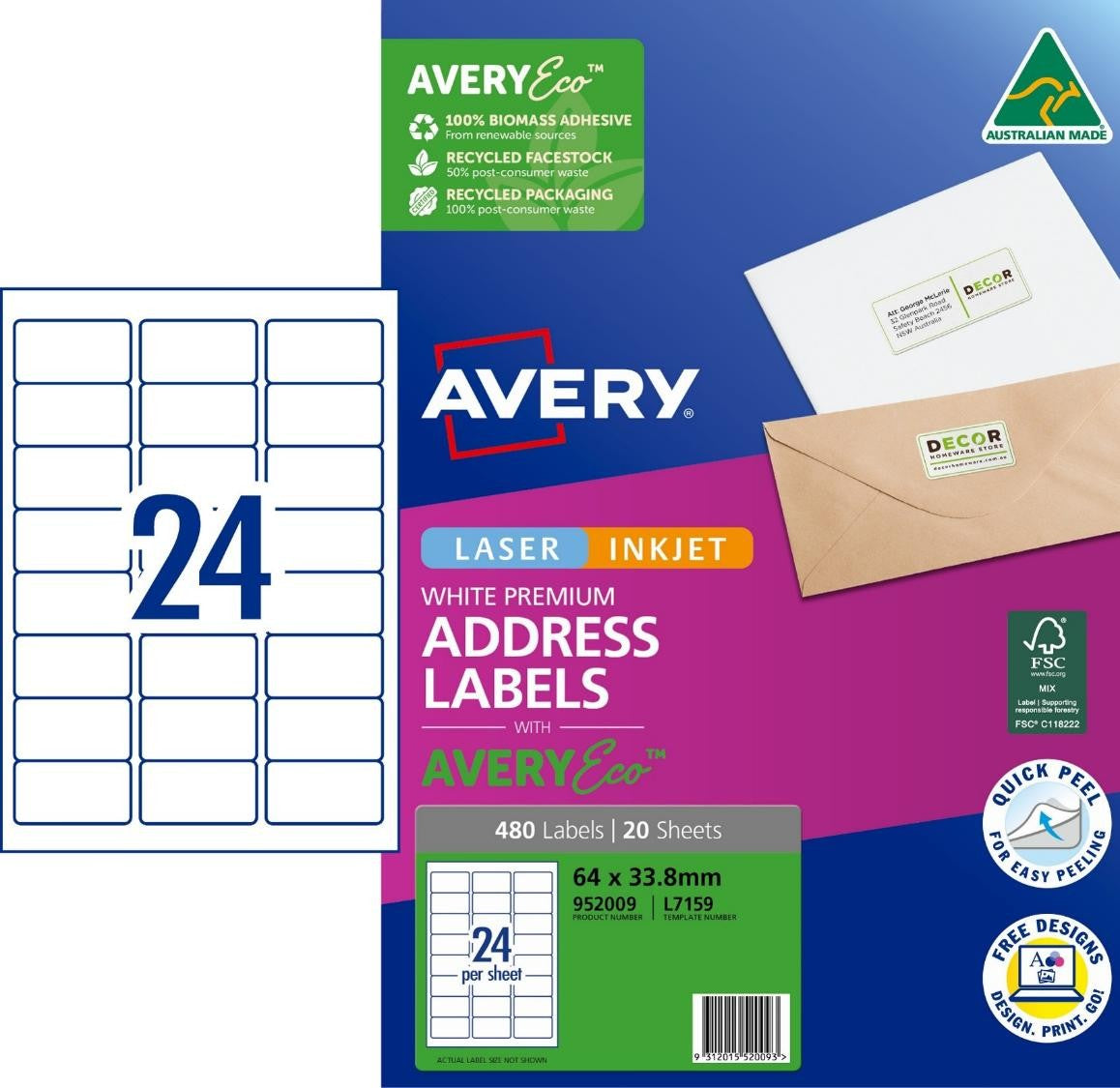 Avery Label Eco L7159 Address 24UP 63.5x33.9mm PK20 (Each)