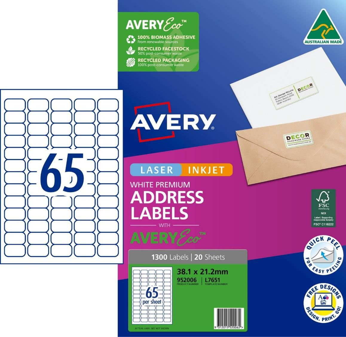 Avery Label Eco L7175 Address 65UP 38.1x21.2mm PK20 (Each)