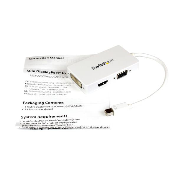 StarTech.com Travel A/V Adapter: 3-in-1 Mini DisplayPort to VGA DVI or HDMI Converter - White