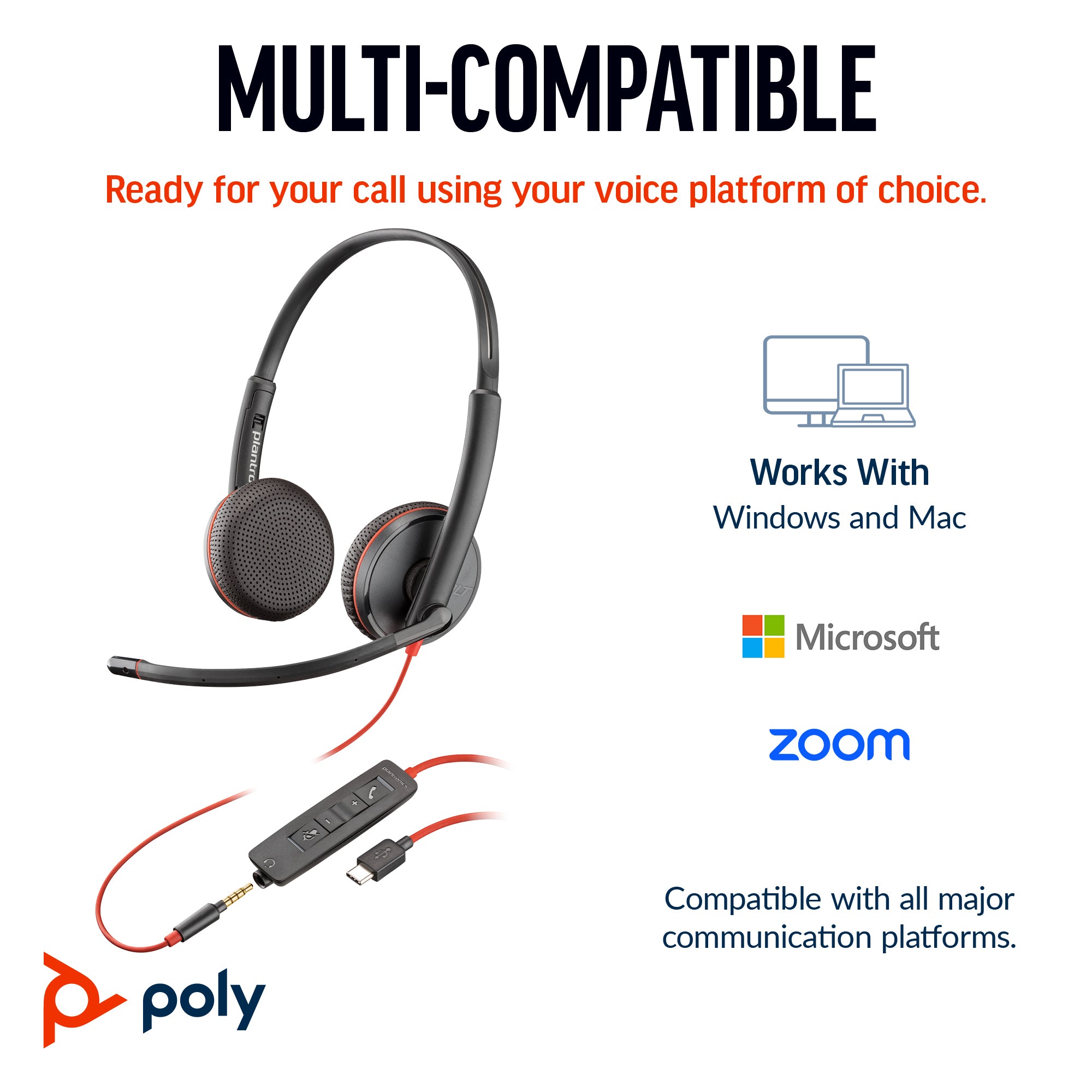 Poly Blackwire 3225 Stereo USB-C Headset +3.5mm Plug +USB-C/A Adapter (Bulk)