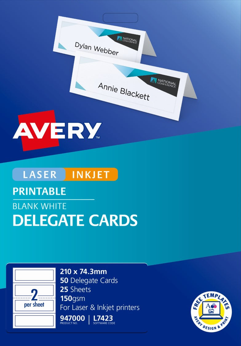 Avery Label Laser L7423 Delegate Card 2L 210x74.25mm 25'S (Each)