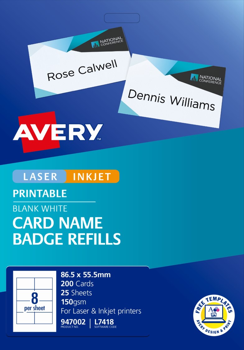 Avery Label Laser L7418 Name Badge Kit Refill 8UP 947002 PK25