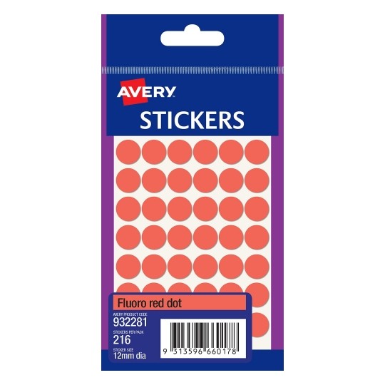 Avery Label F/P 12mm Fluoro Red Dot 932281 (Pack 10)