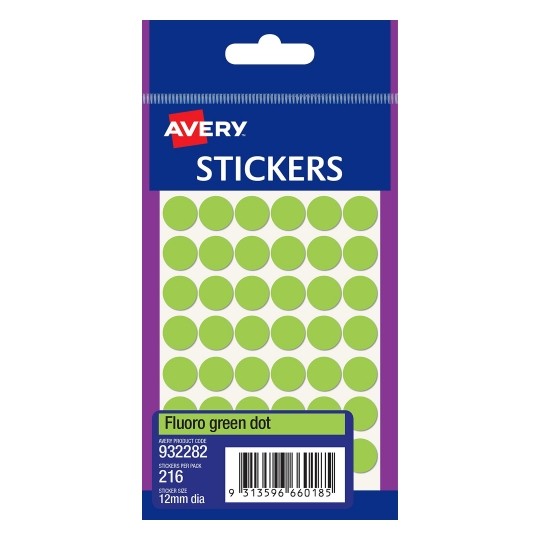 Avery Label F/P 12mm Fluoro Grn Dot 932282 PK10 (Each)