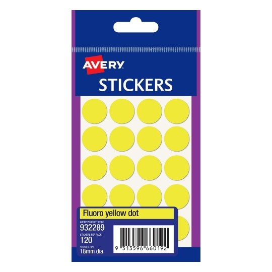 Avery Label F/P 18mm Fluoro Yell Dot 932289 (Pack 10)