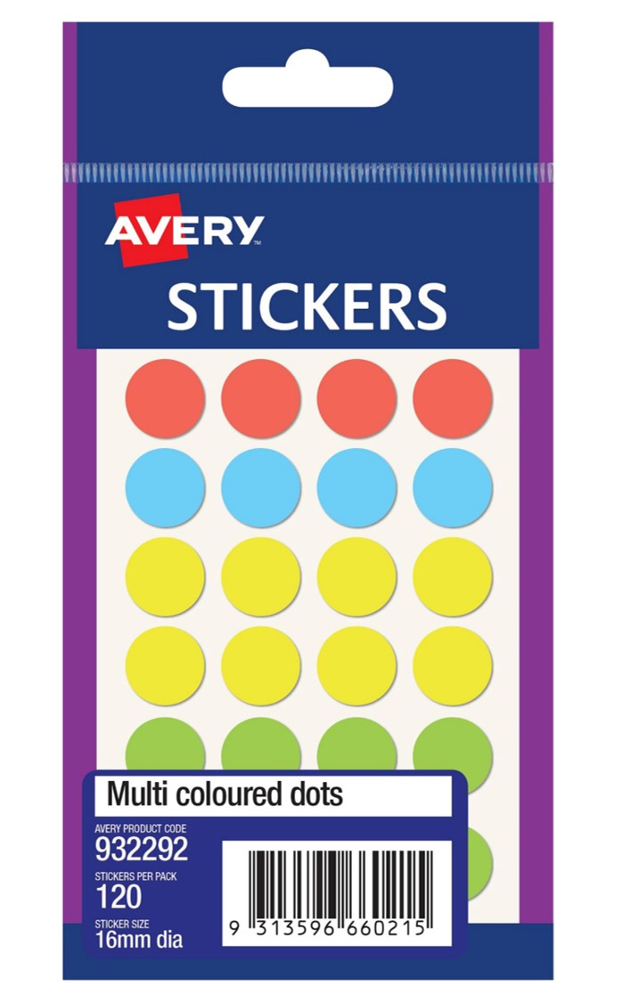 Avery Label F/P #32292 16mm Perm Dot Assorted (Pack 10)