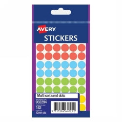 Avery Label F/P 12mm Multi Coloured Dots PK162 PK10 (Each)