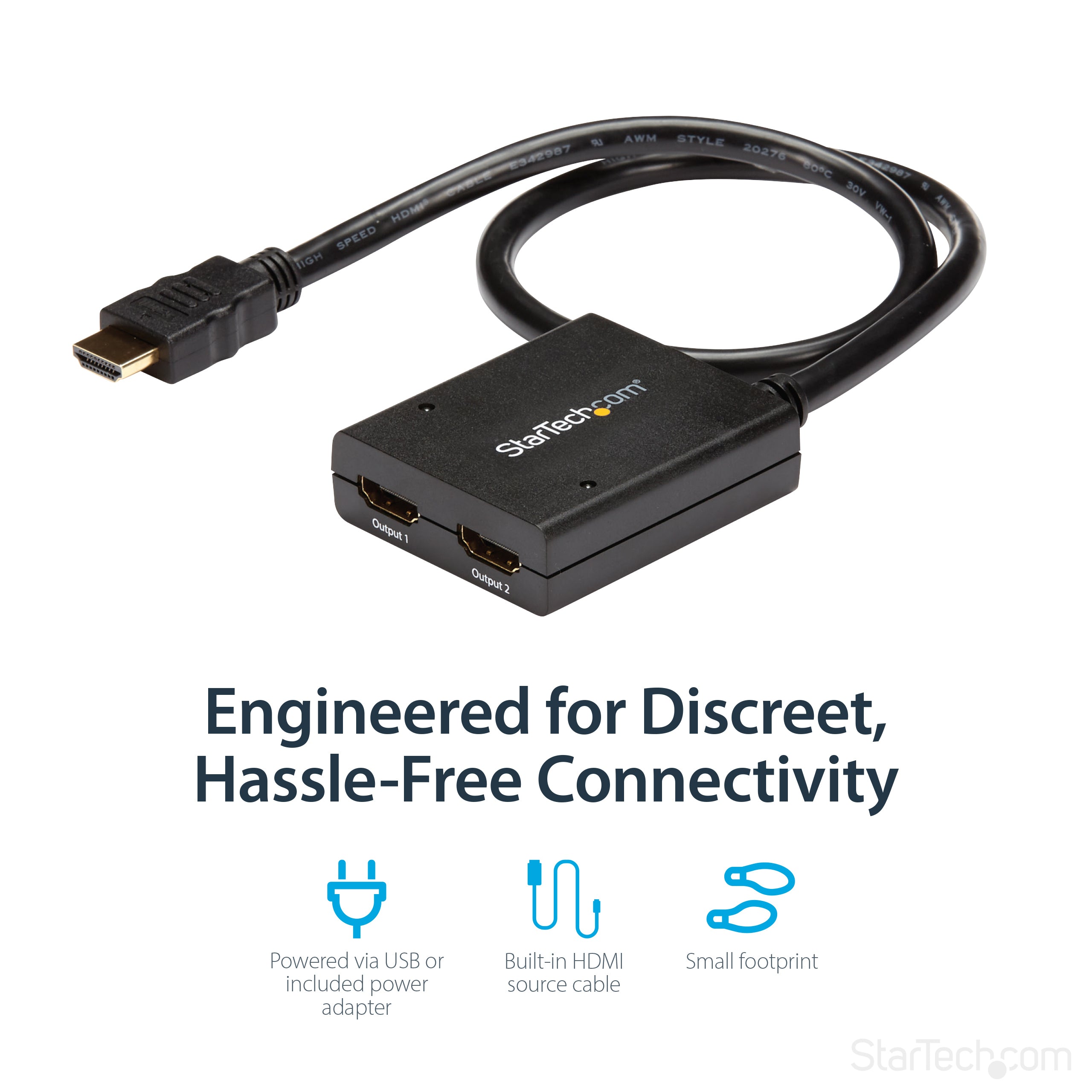 StarTech.com 4K HDMI 2-Port Video Splitter Ã¢â‚¬â€œ 1x2 HDMI Splitter Ã¢â‚¬â€œ Powered by USB or Power Adapter Ã¢â‚¬â€œ 4K 30Hz