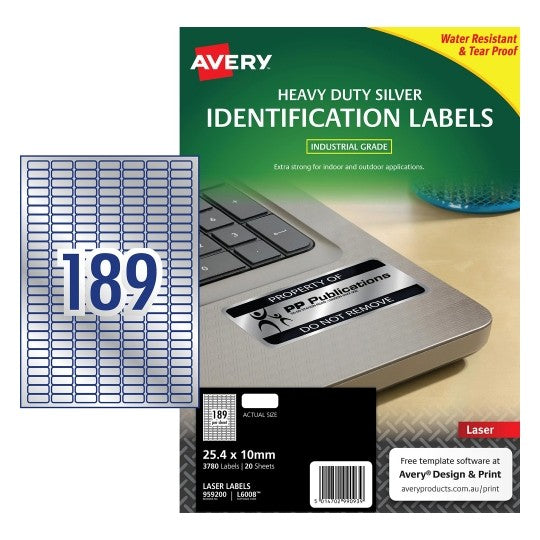 Avery Label Laser L6008 Silver H/DUTY 25.4x10mm 189UP PK20 (Each)