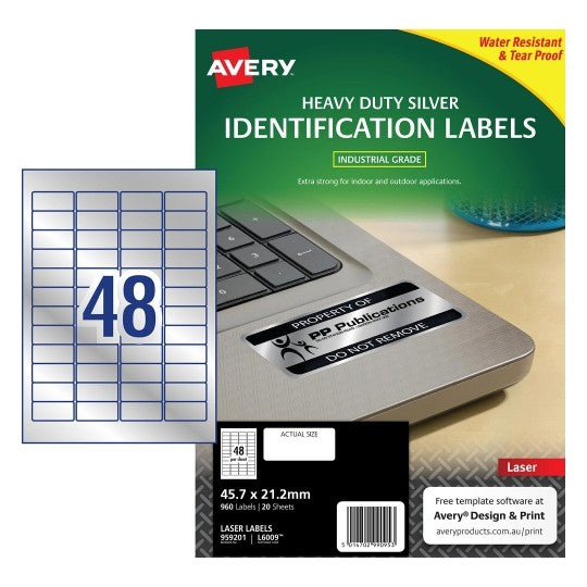 Avery Label Laser L6009 Silver H/DUTY 45.7x21.2mm 48UP PK20 (Each)
