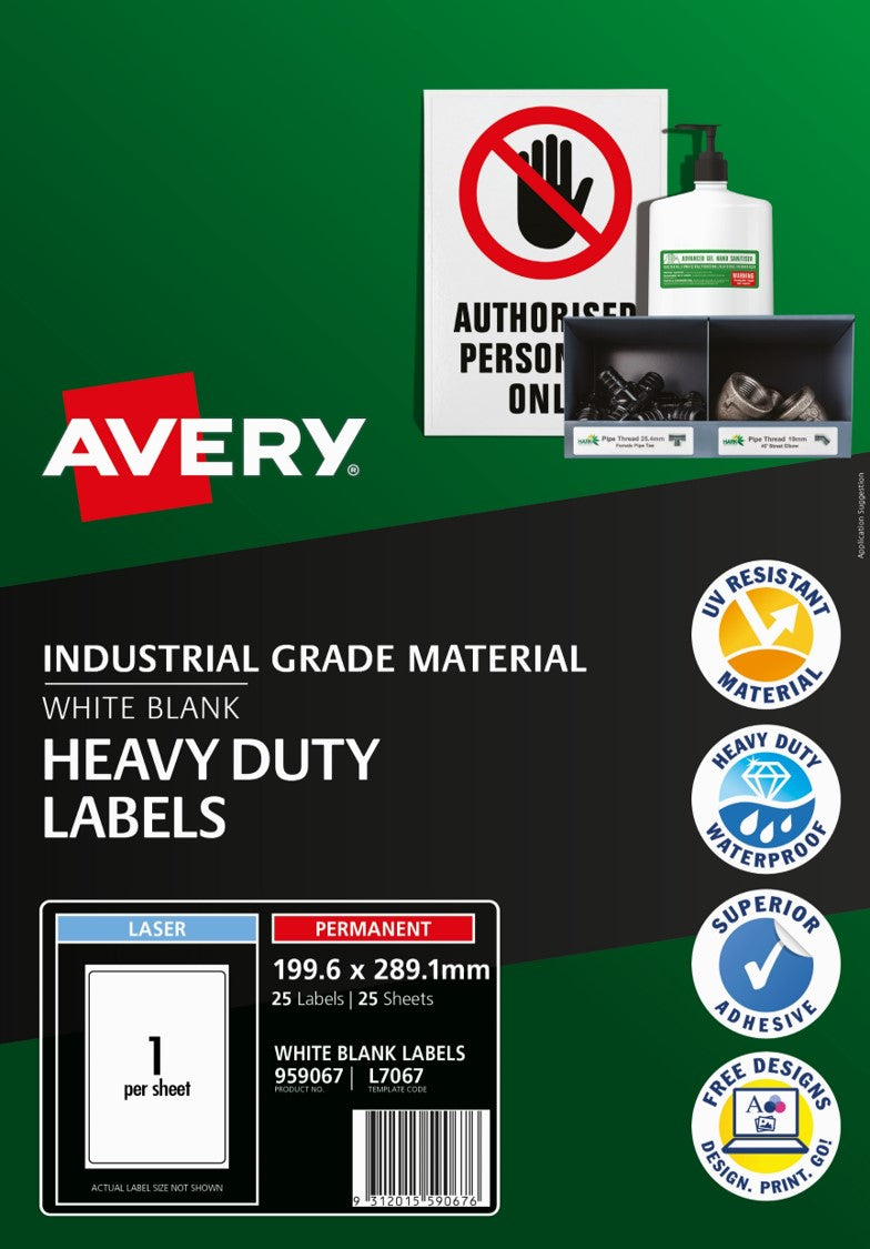 Avery Label Laser L7067 Ship H/DUTY 199.6x289.1 1UP PK25 (Each)