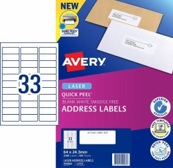 Avery Label Laser L7157 Address 33UP White PK100 (Each)