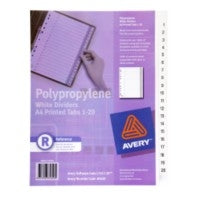 Avery Divider A4 1-20 Index P/P L7411-20 Wht (Each)