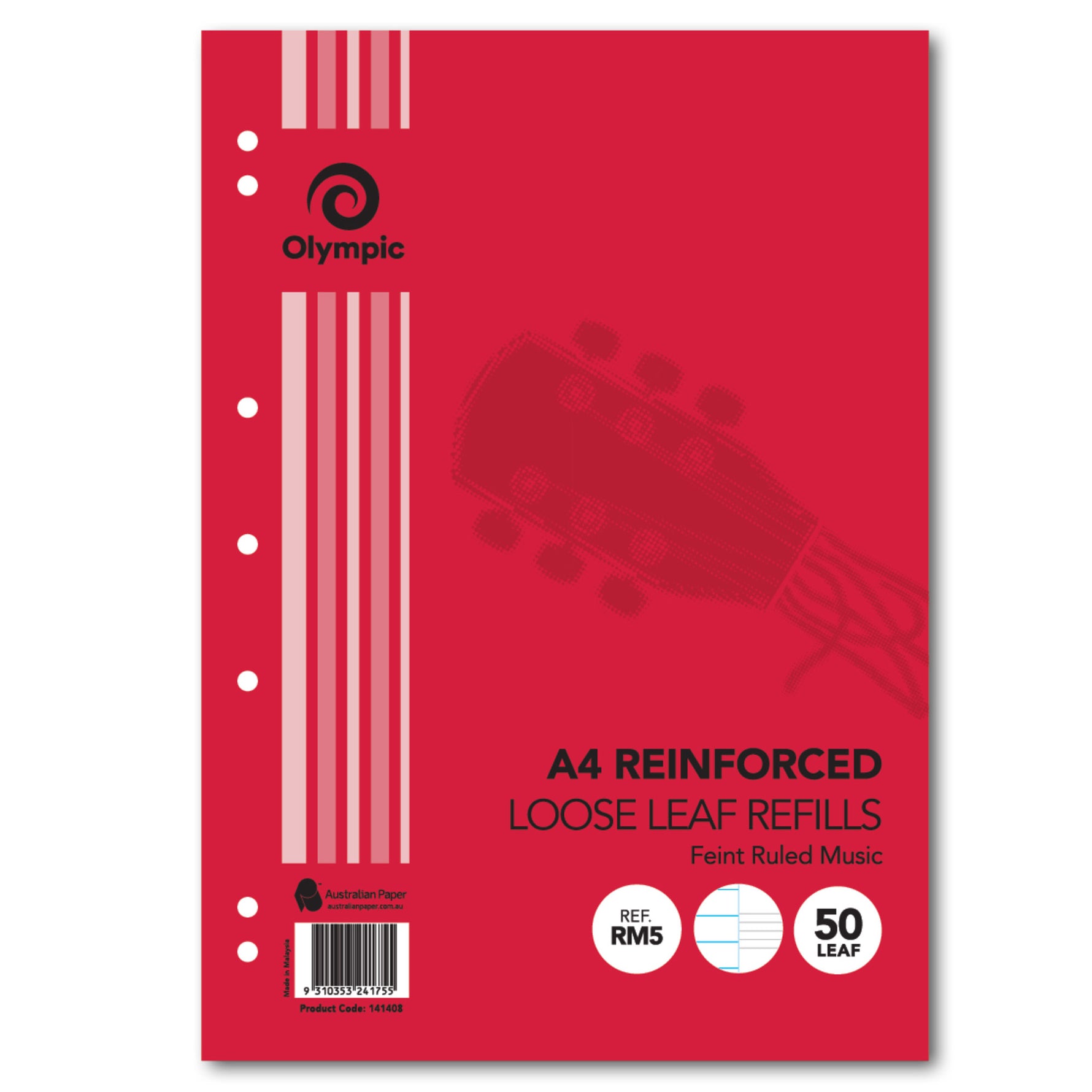 Olympic Loose Leaf Reinforced Refills A4 Music 50 Leaf (Each)