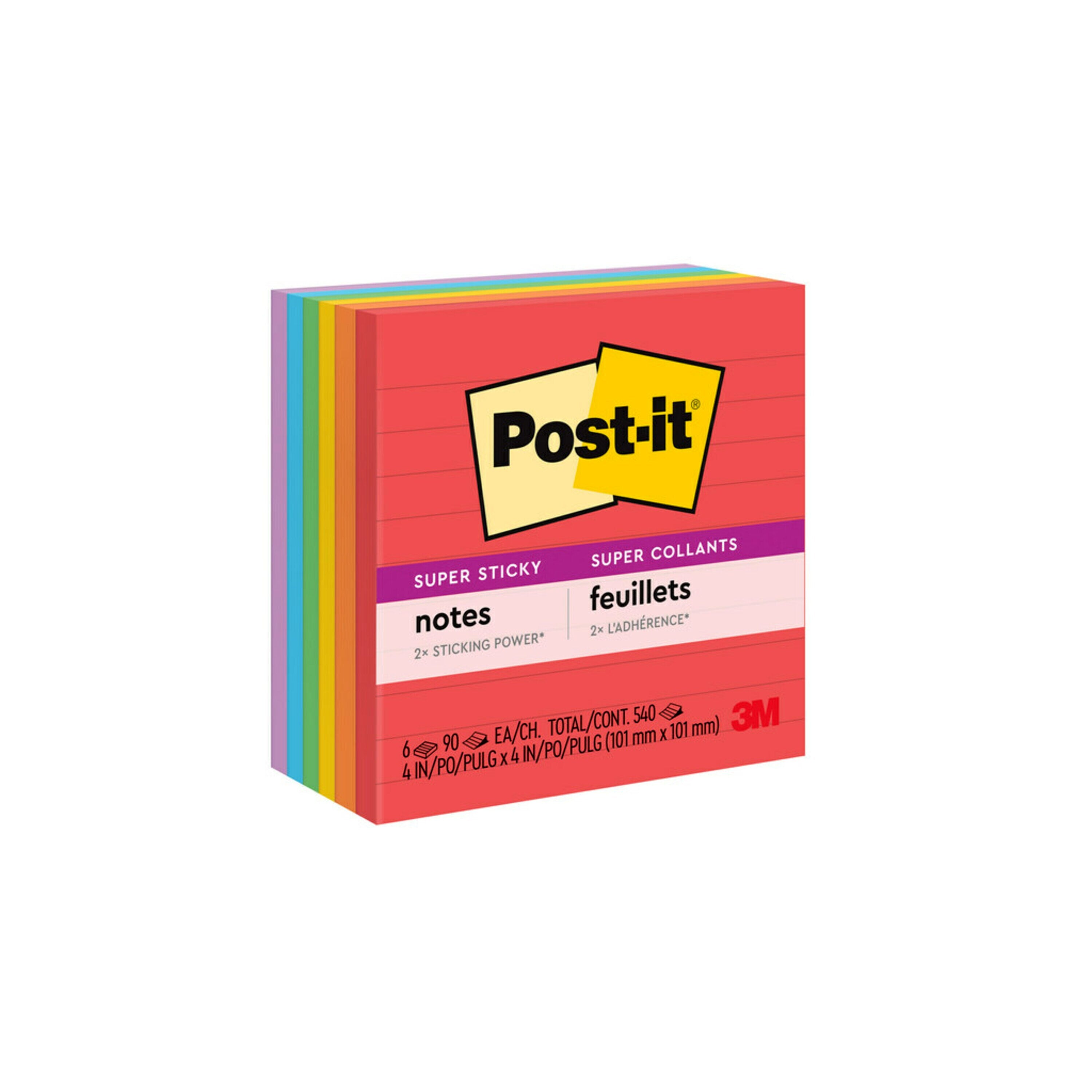 3M Post-It POST- It Notes Super Sticky 675-6SSAN 98x98 Lined Assorted Neon PK6