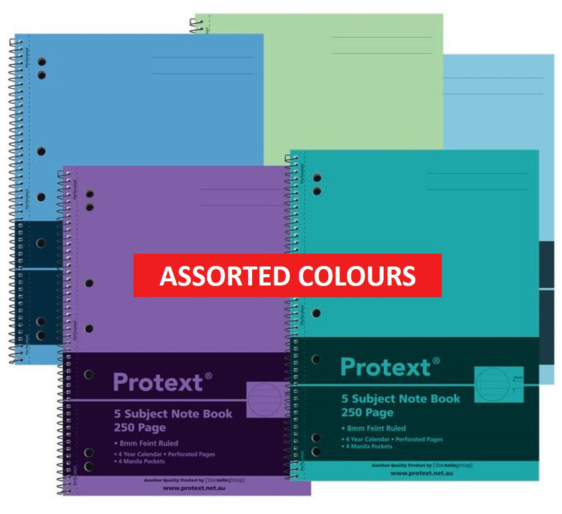 Protext Notebook PP A4 250pg 5 Subject 8 Pockets Assorted (Each)