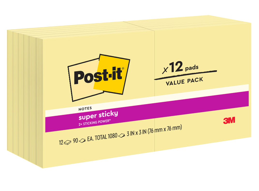 3M Notes Super Sticky 76x76 654-12SSCY Yellow (Pack 12)