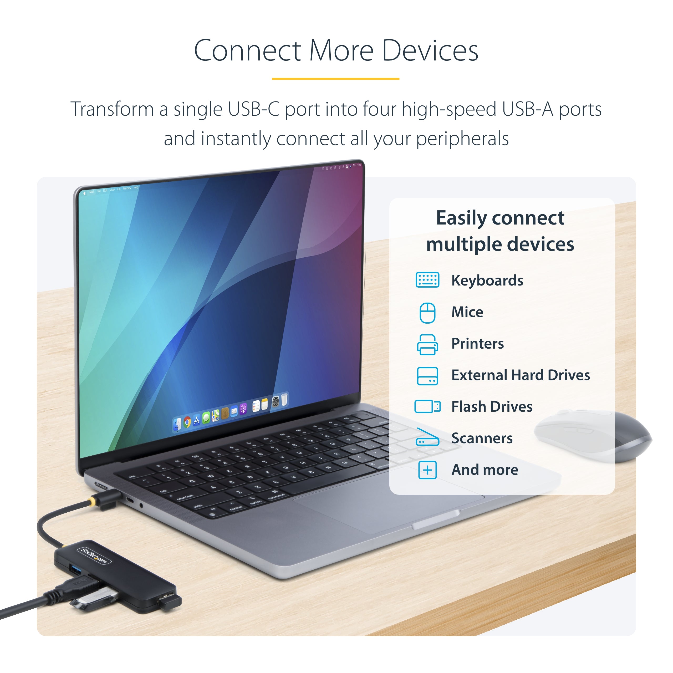 StarTech.com 4-Port USB-C Hub, 5Gbps, USB-C to 4x USB-A, Bus Powered, Small Travel Mini Hub, Multi-Port USB 3.0 Splitter, Portable Hub, Overcurrent Protection