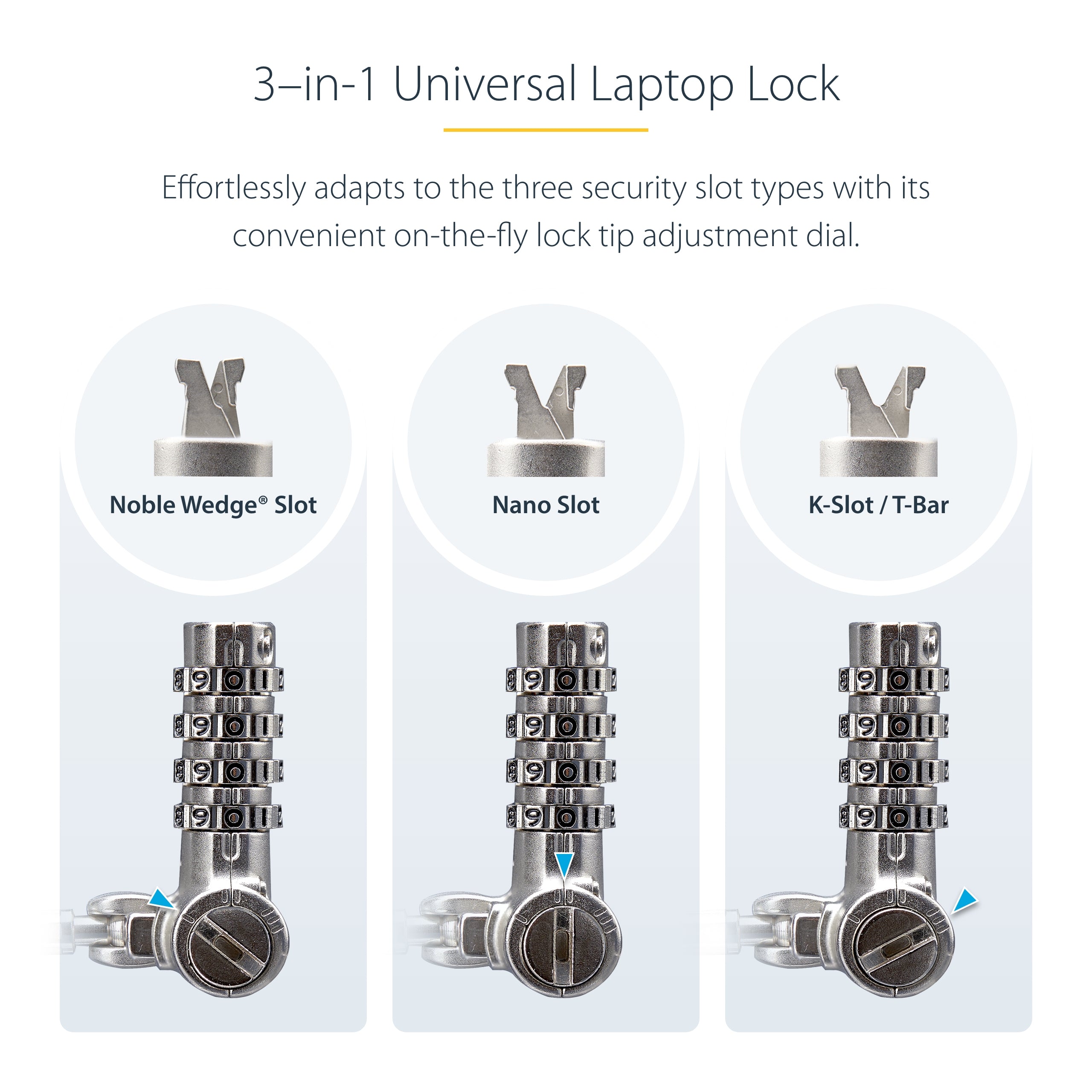 StarTech.com Universal Laptop Lock 6.6ft (2m), Security Cable For Notebook Compatible With Noble Wedge®/Nano/K-Slot; Keyless Combination Locking Cable, Anti-Theft Cut-Resistant Steel Cable