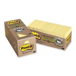 3M Notes 654R-24CP-CY 76x76 100% Recy Yellow Bx24 (Each)