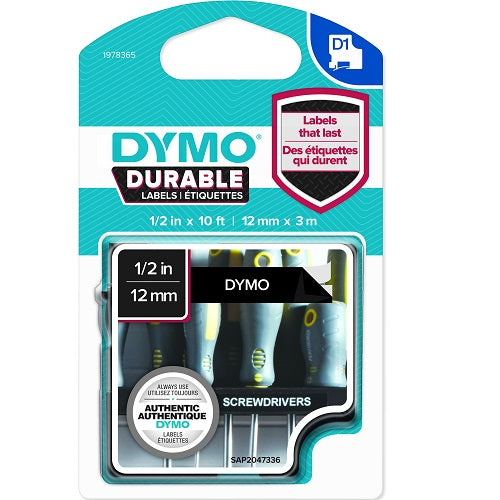 Dymo Label Tape D1 Durable 12mmx3M White On Black (Each)