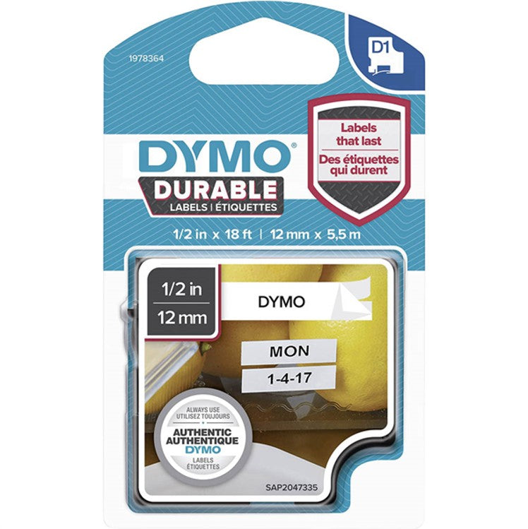 Dymo Label Tape D1 Durable 12mmx5.5M Black On White (Each)