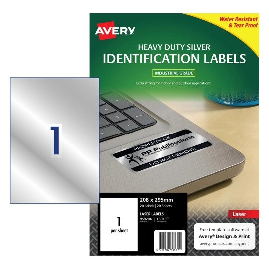 Avery Label Laser L6013 Silver H/DUTY 295x208mm 1UP PK20 (Each)