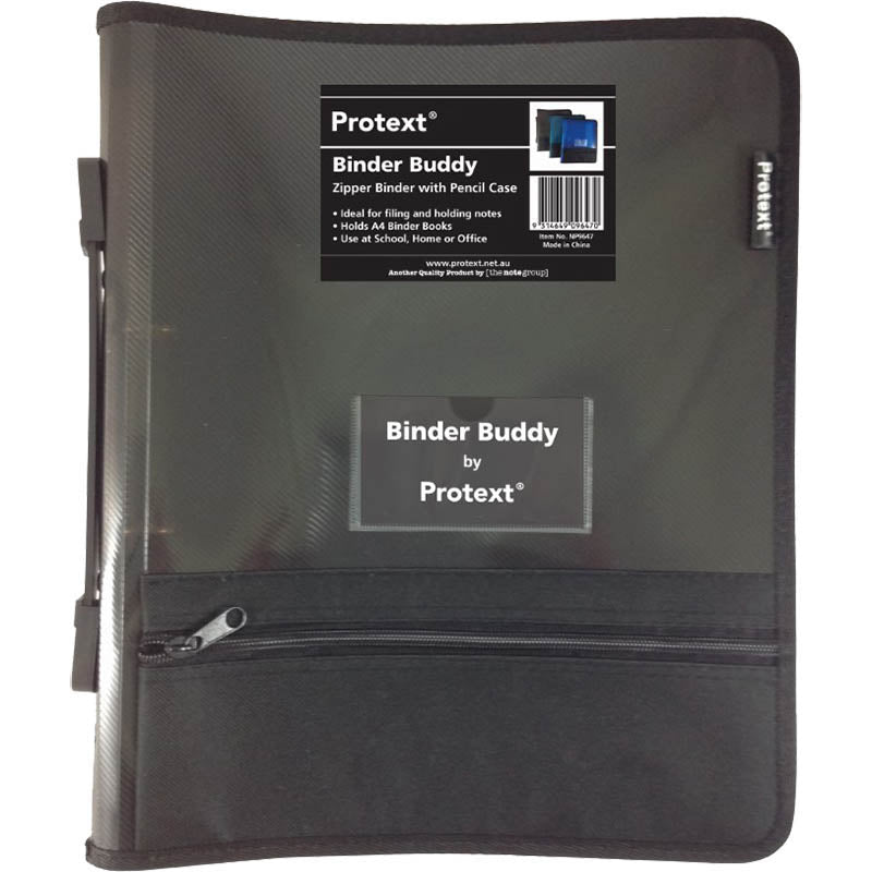 Protext Binder Buddy A4 2 Ring 25mm With ZIPPER,HANDLE,P/CASE,POCKETS Smoke (Each)