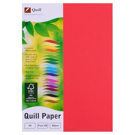 Quill Copy Paper A4 80GSM Red PK100 (Each)