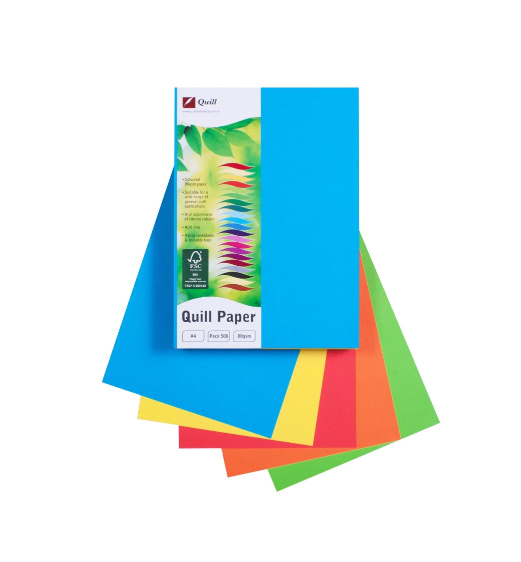 Quill Copy Paper A4 80GSM Bright Assorted PK500 (Each)